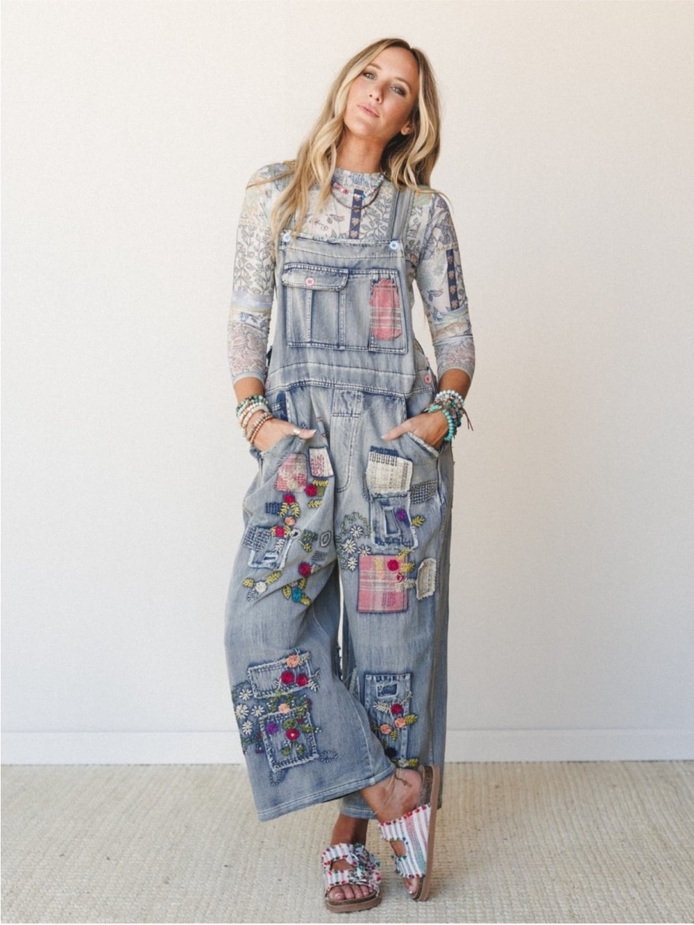 NWT:Blue Velvet Boho Vintage Wash Mixed Embroidered Patchwork Wide Leg Overalls